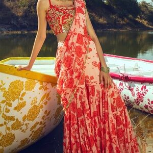 Paulmi & Harsh Printed Pre-draped Sharara Saree With Blouse